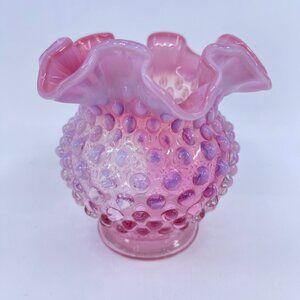 vintage pink opalescent hobnail glass vase with ruffled edge